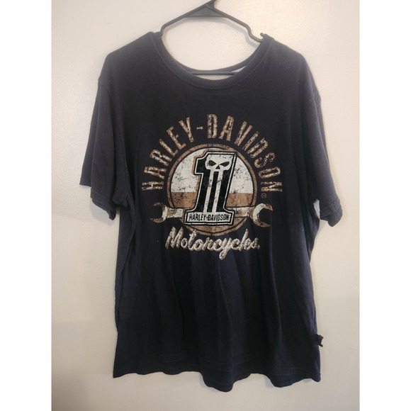HD Harley-Davidson Shirt Men XL Black Number 1 Skull Racing Wrench Short Sleeve - Picture 1 of 5